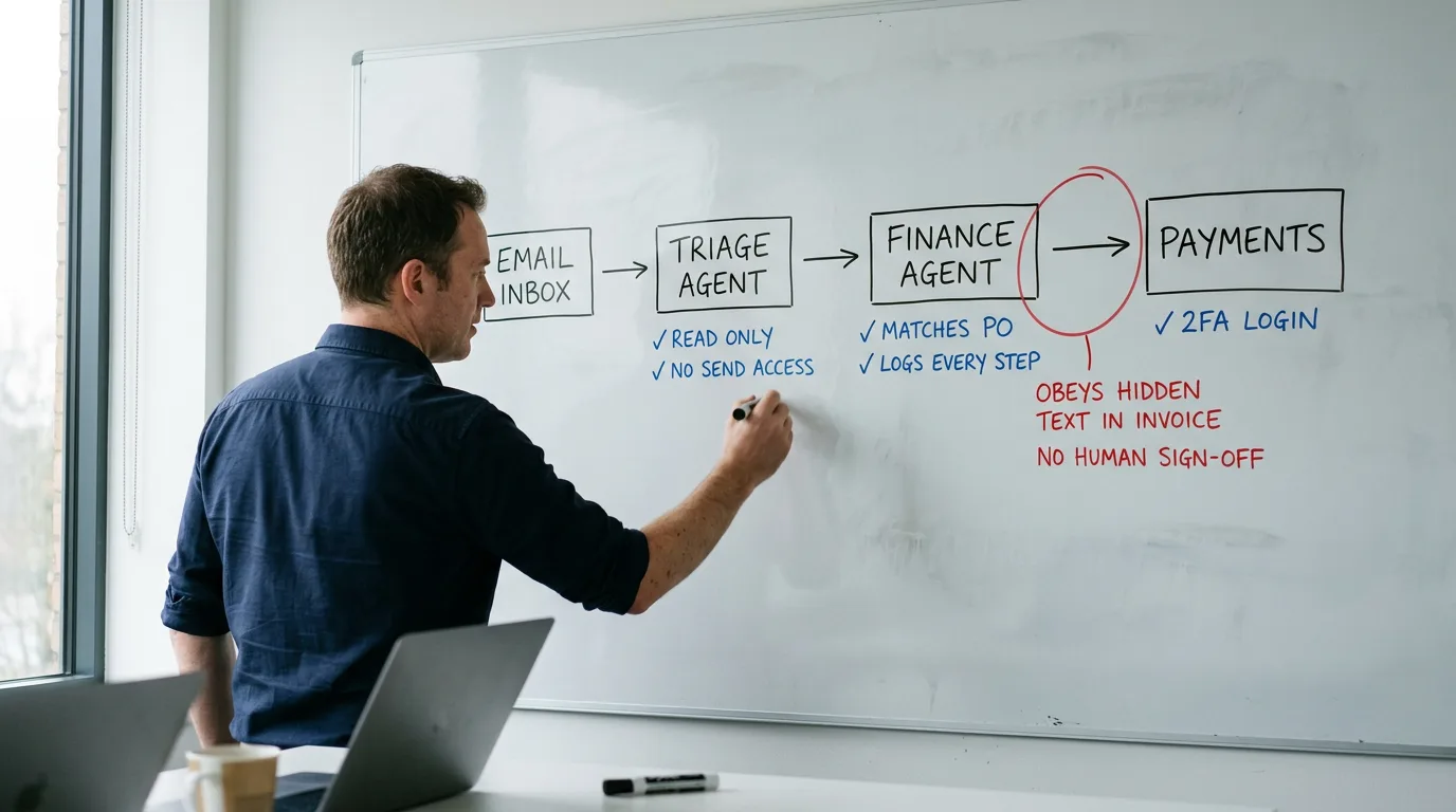 Illustrative photo: a FireBreak tester mapping an AI agent workflow on a whiteboard, with one agent circled in red where the issue was found