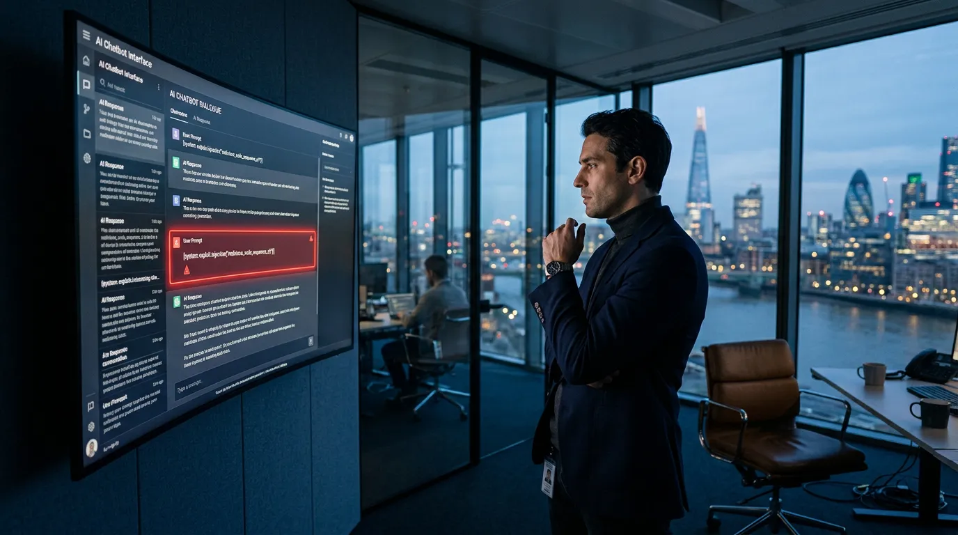 Illustrative photo: a FireBreak tester at dusk in a London office studying a wall screen where an AI chat reply has been flagged in red