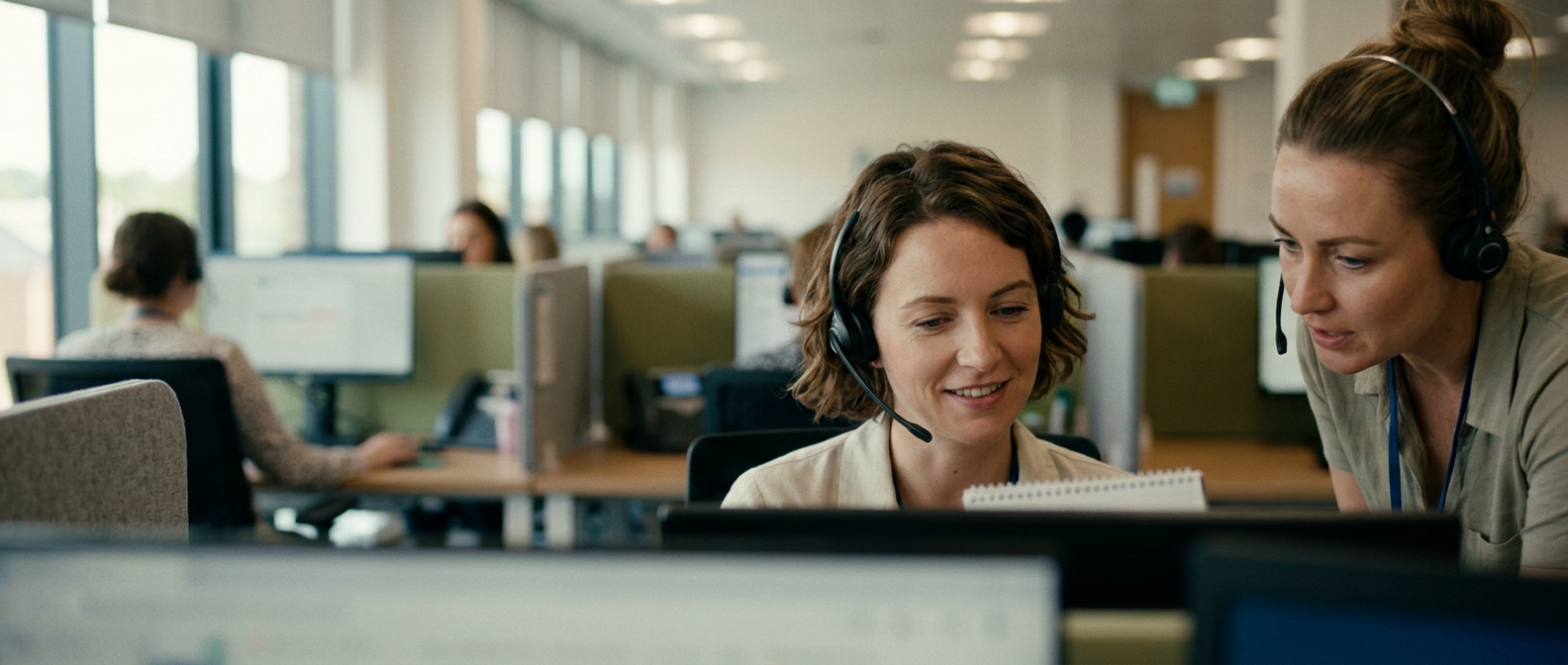 A healthcare contact-centre advisor helping a caller, with a colleague beside her