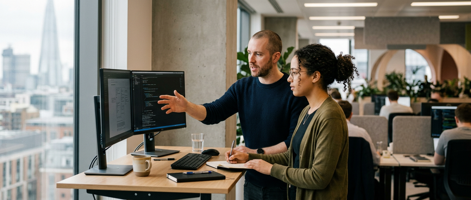 Two data engineers pair-working at a desk