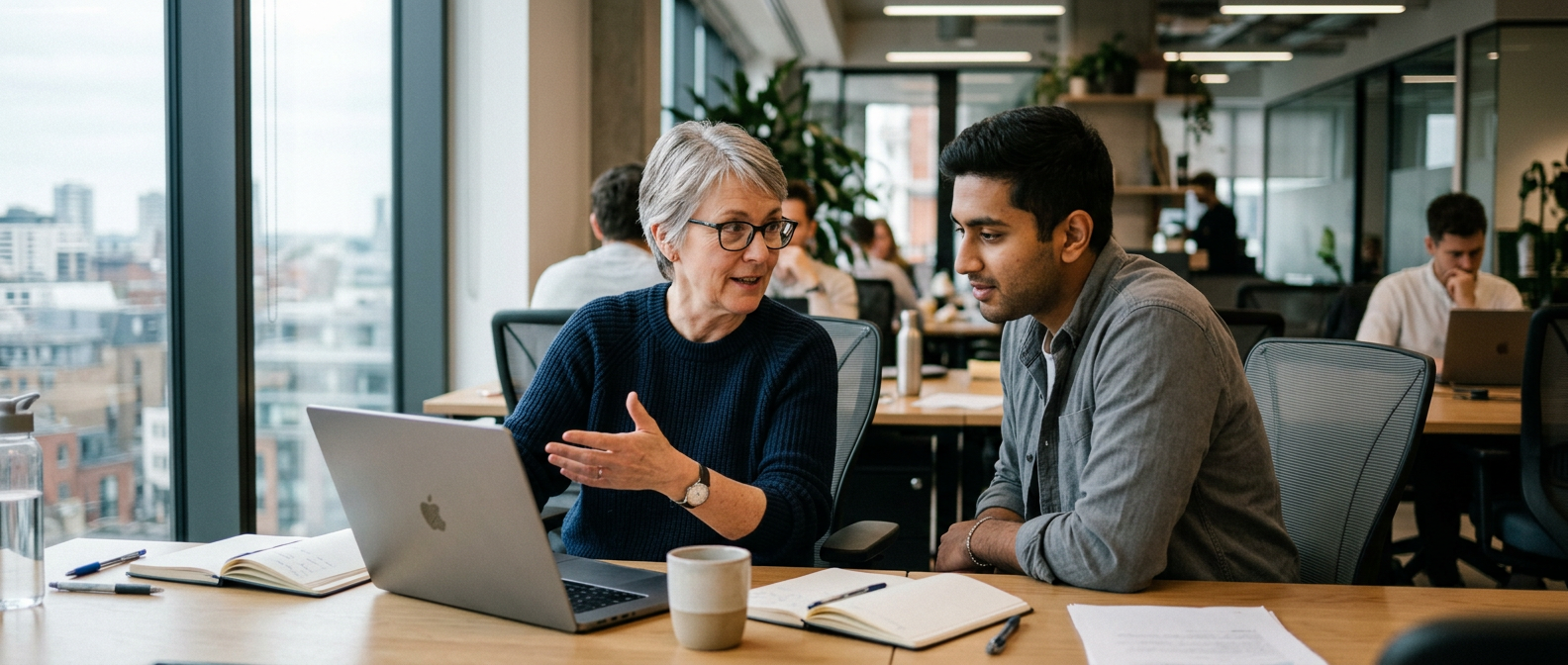 A senior AI engineer working alongside a client's data lead at a shared desk