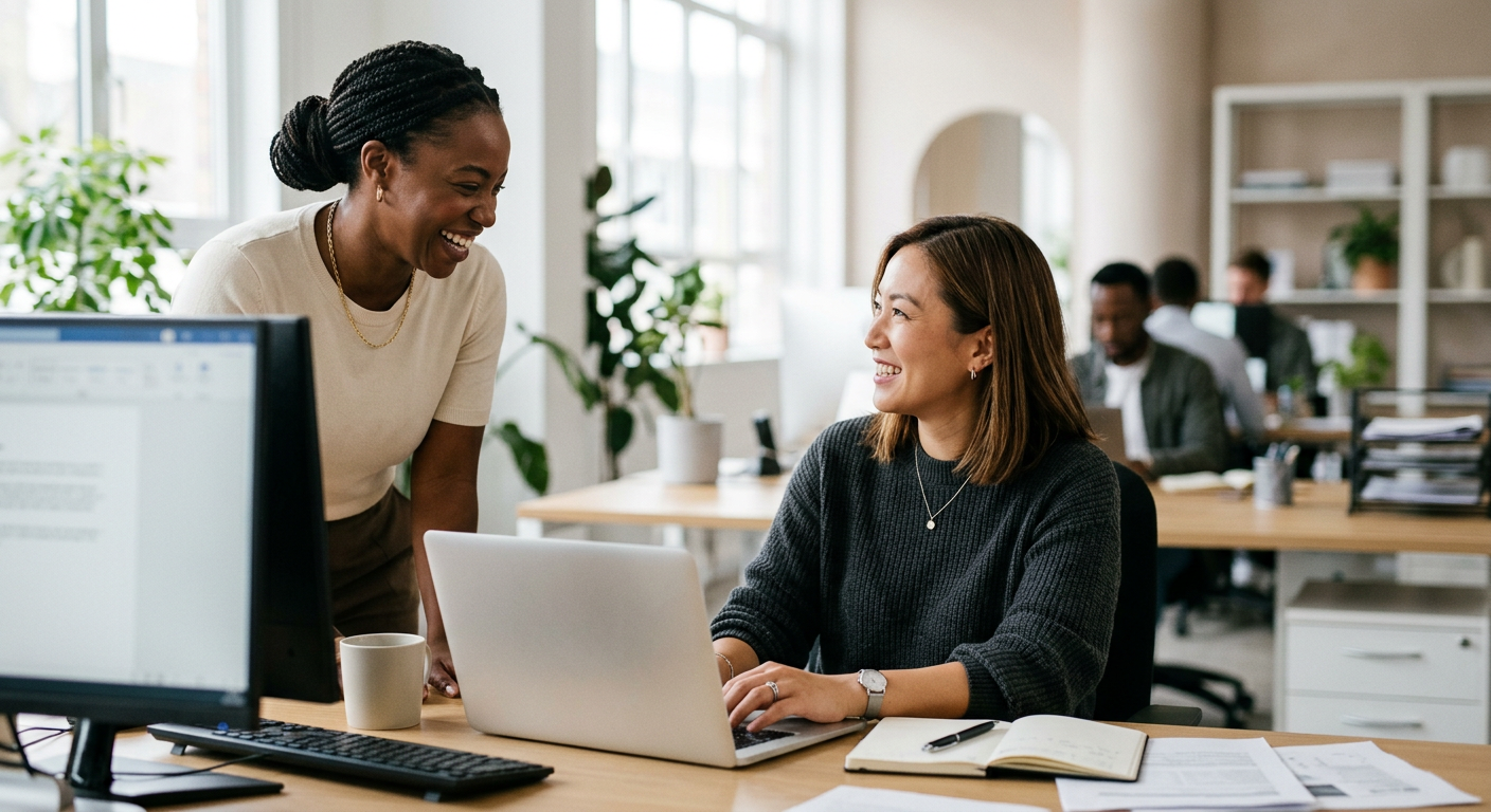 A professional confidently using an AI tool at her desk with a colleague beside her