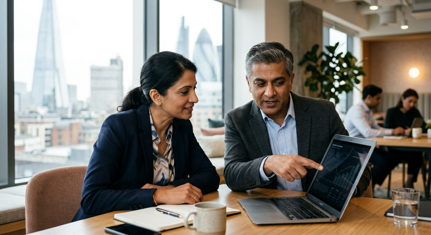 Two senior advisers reviewing an AI rollout together at a laptop