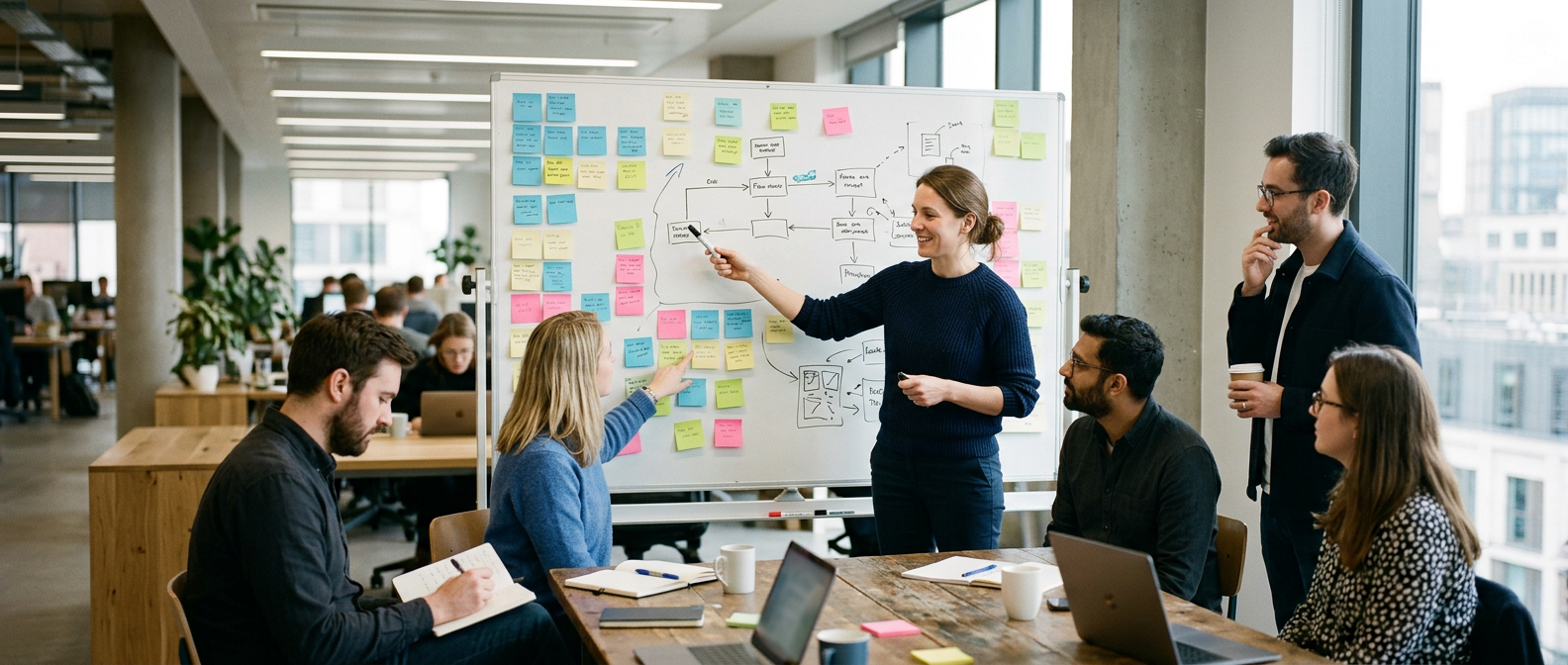 A cross-functional team mapping out a delivery plan together at a whiteboard
