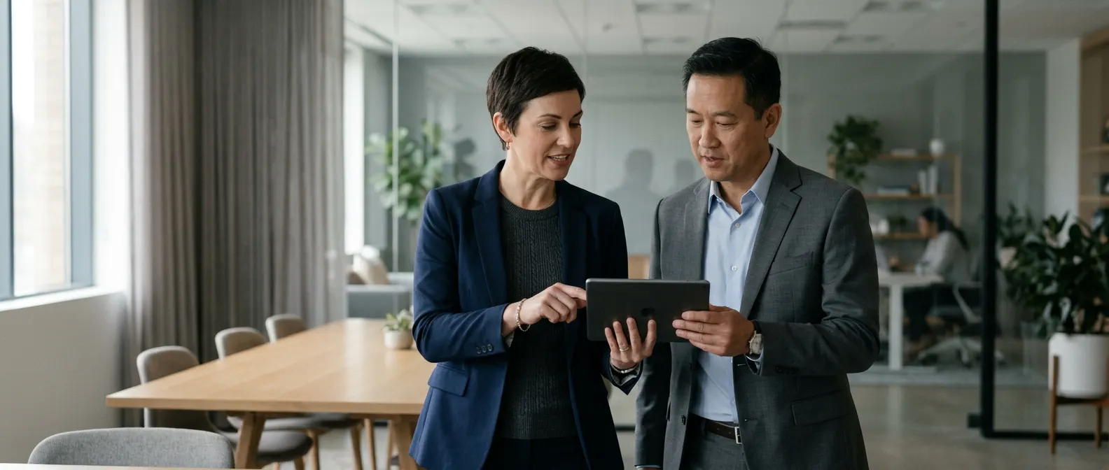 A security and compliance lead walking a client executive through a review on a tablet