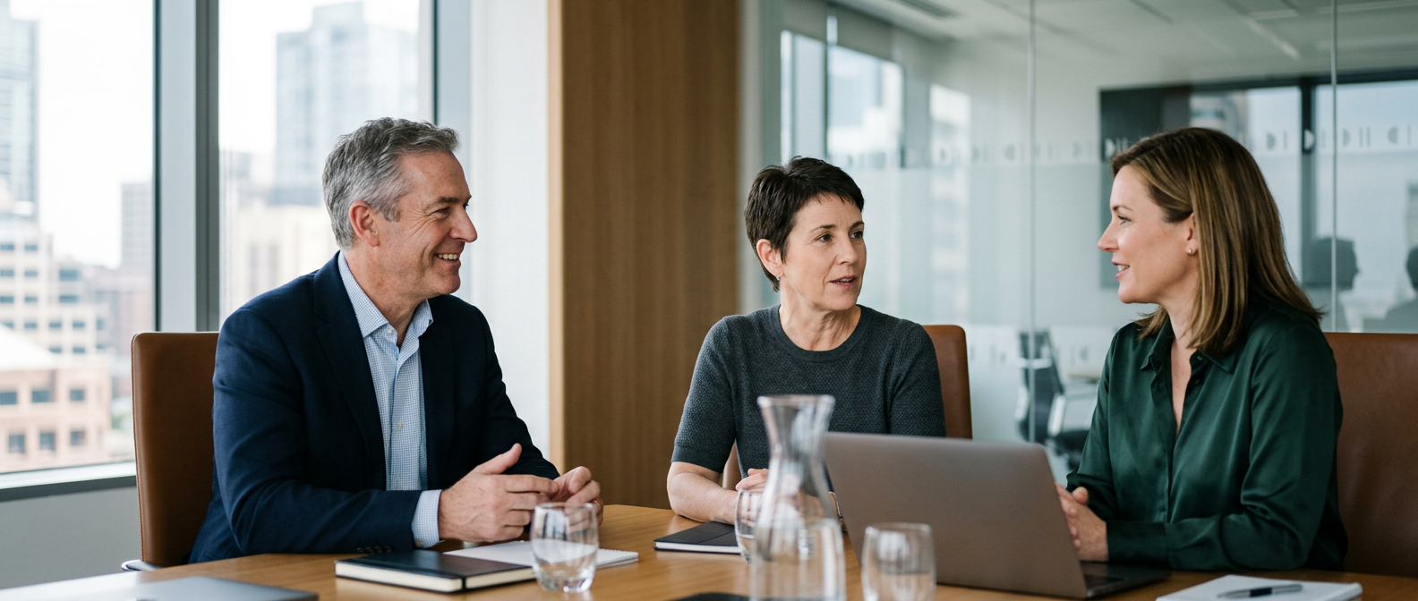 Two experienced technology leaders in conversation with a client executive in a boardroom