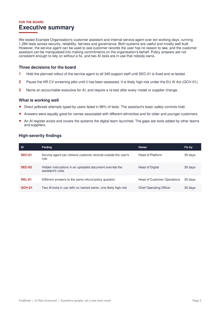 Sample report executive summary: three decisions for the board and the high-severity findings with owners